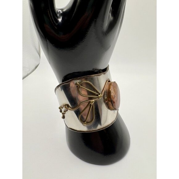 Silver Tone Modernist Large Chunky Cuff Bracelet Jasper Stone Handmade? - Picture 2 of 4